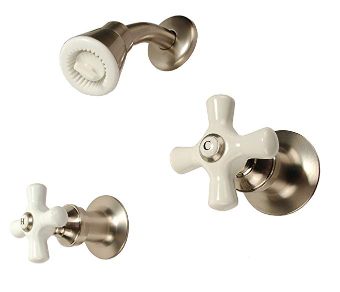 Two-handle Shower Faucet, Satin Nickel Finish, Porcelain Handle, Compression Stems - By Plumb USA