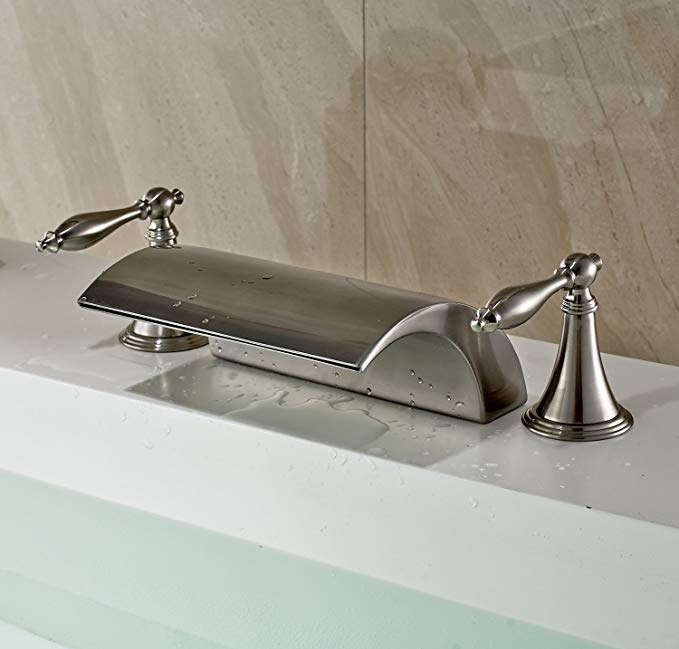 Rozin Deck Mounted 3 Holes Waterfall Spout Tub Filler Faucet Double Handles Mixer Tap Brushed Nickel Finish
