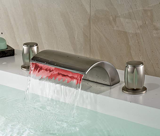 Rozin LED Color Changing Waterfall 3 Holes Bathtub Faucet Brushed Nickel Finish