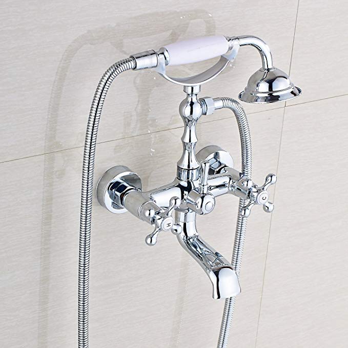 Rozin Double Cross Knobs Bathtub Faucet with Hand Shower Chrome Finish